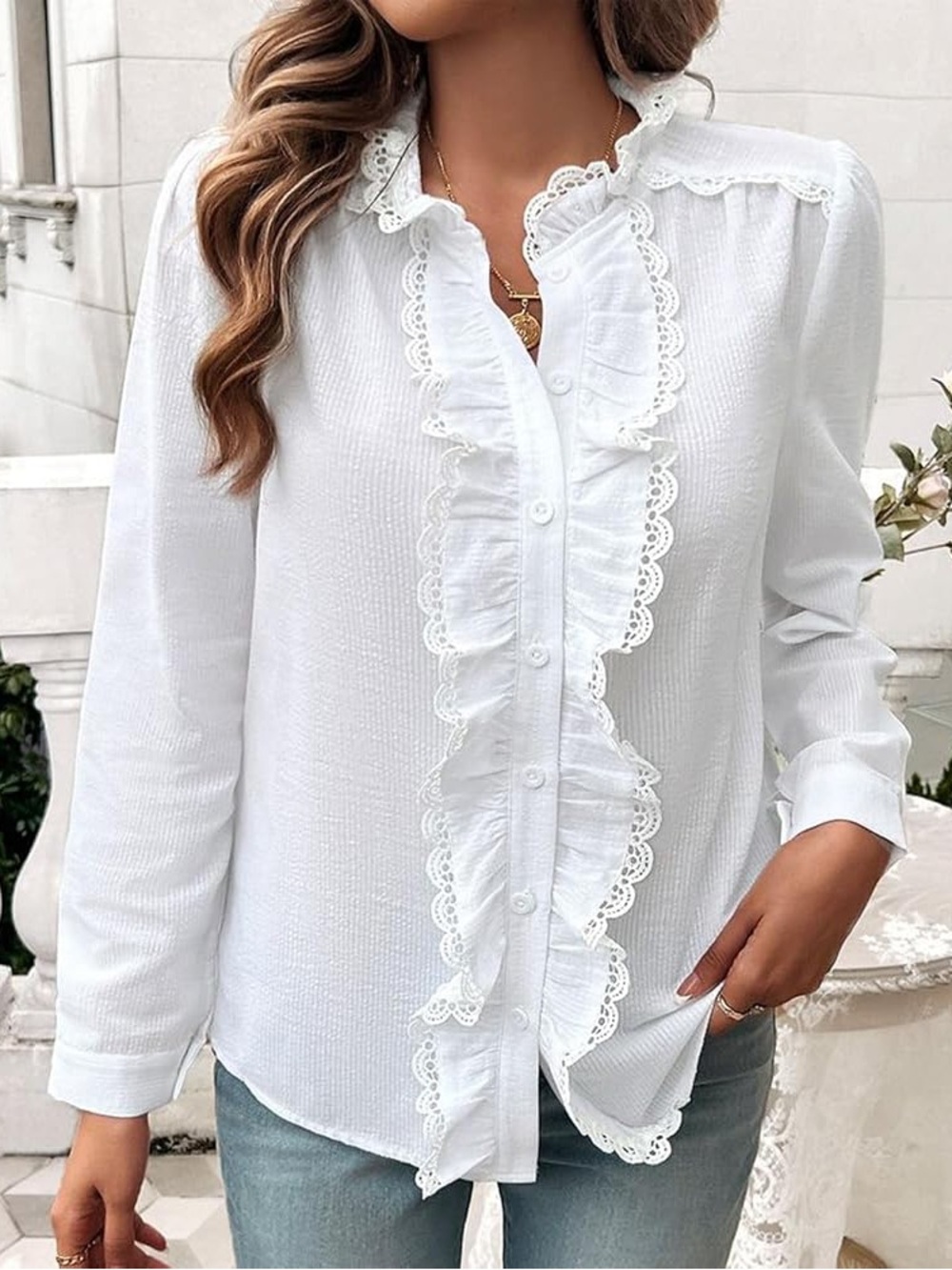 Boutique Elegant White Ruffle Lace-Trim Button-Down Top